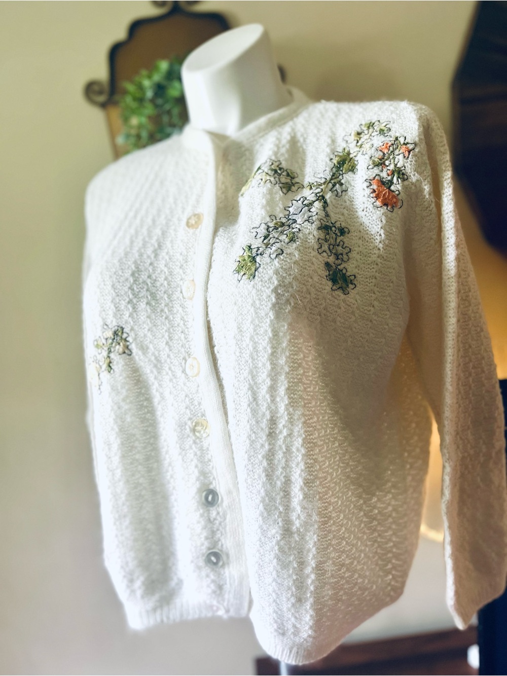 Vintage Women’s Cream Embroidered handmade Cardigan Sweater